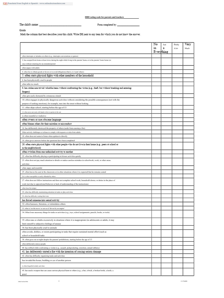 DBD Rating Scale for Child Behavior | PDF | Attention Deficit ...