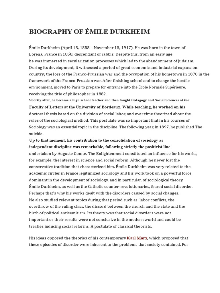 Biography of Emile Durkheim PDF | PDF | Sociology | Émile Durkheim
