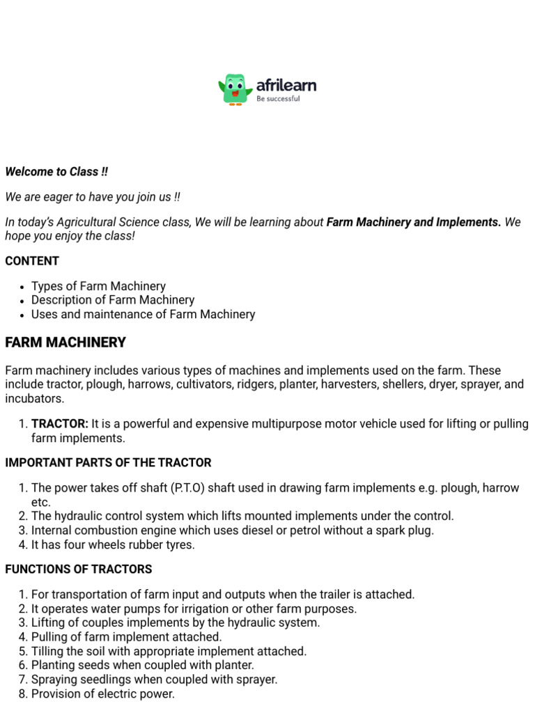 Overview of Farm Machinery for JSS2 | PDF | Agricultural Machinery | Plough