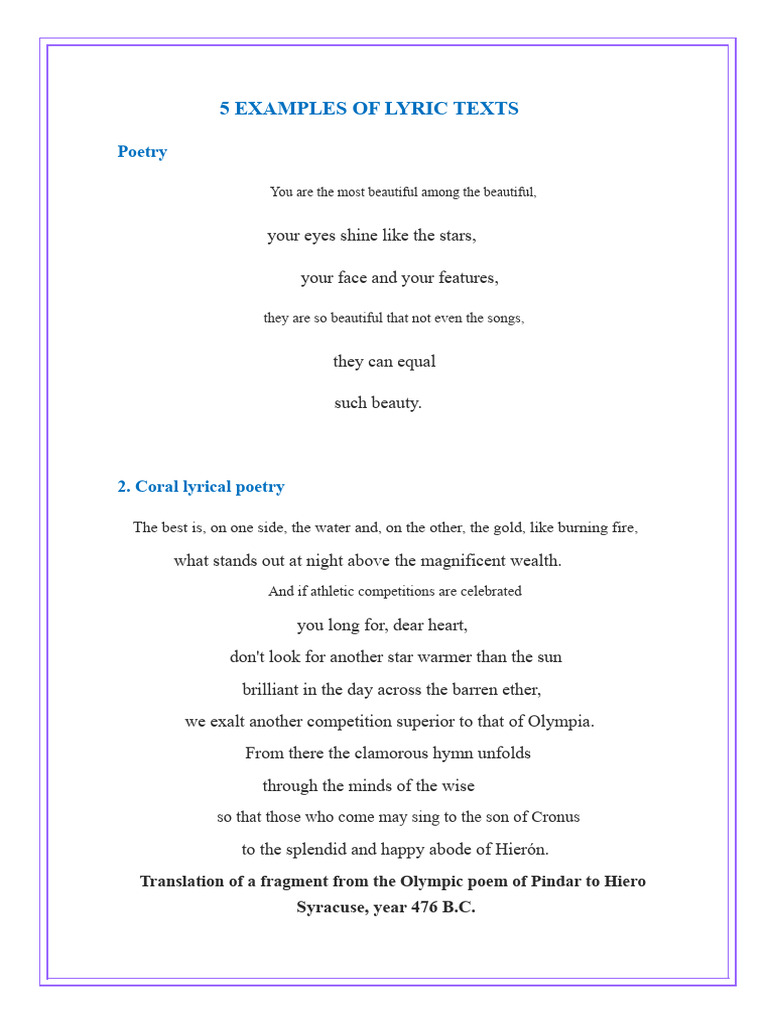 Examples of Lyrical, Dramatic, and Narrative Texts | PDF | Characters ...