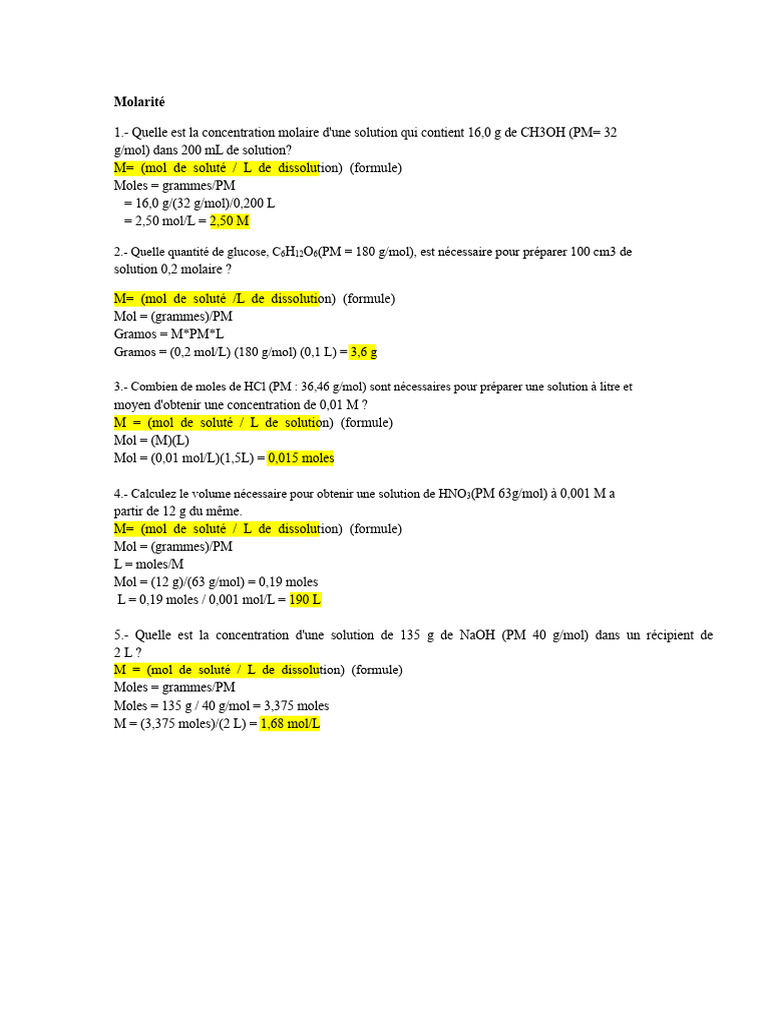 Calculs de molalité et concentration | PDF | Concentration molaire | Chimie