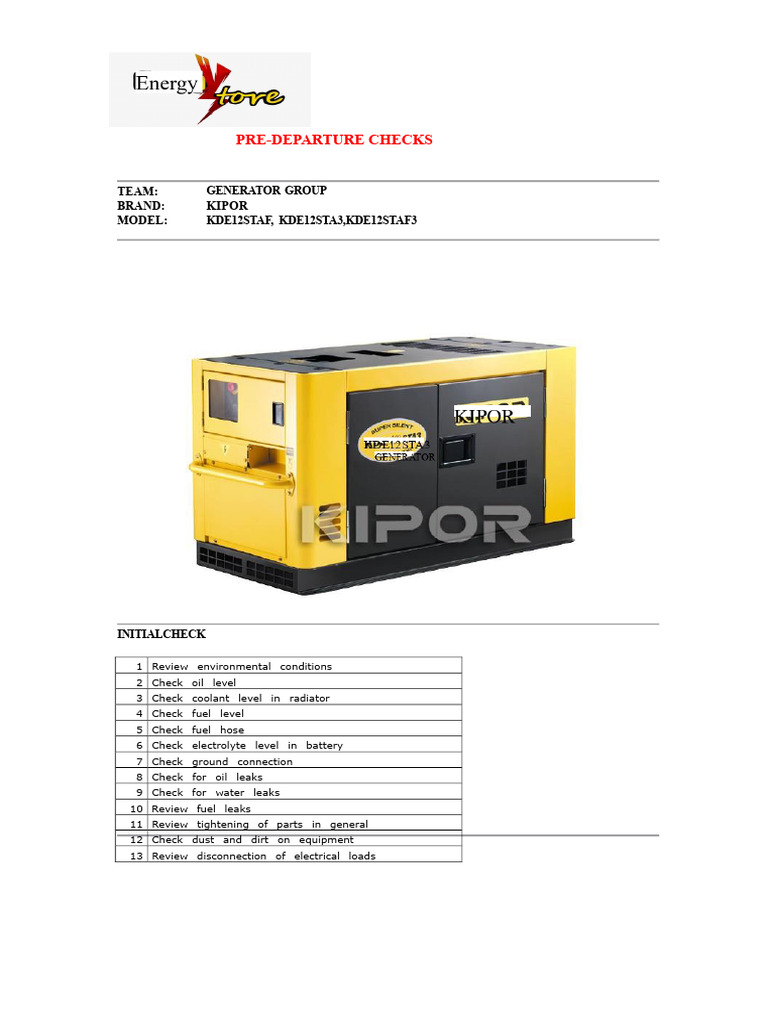 KIPOR KDE12STAF Pre-Departure Checks | PDF | Electric Generator | Radiator