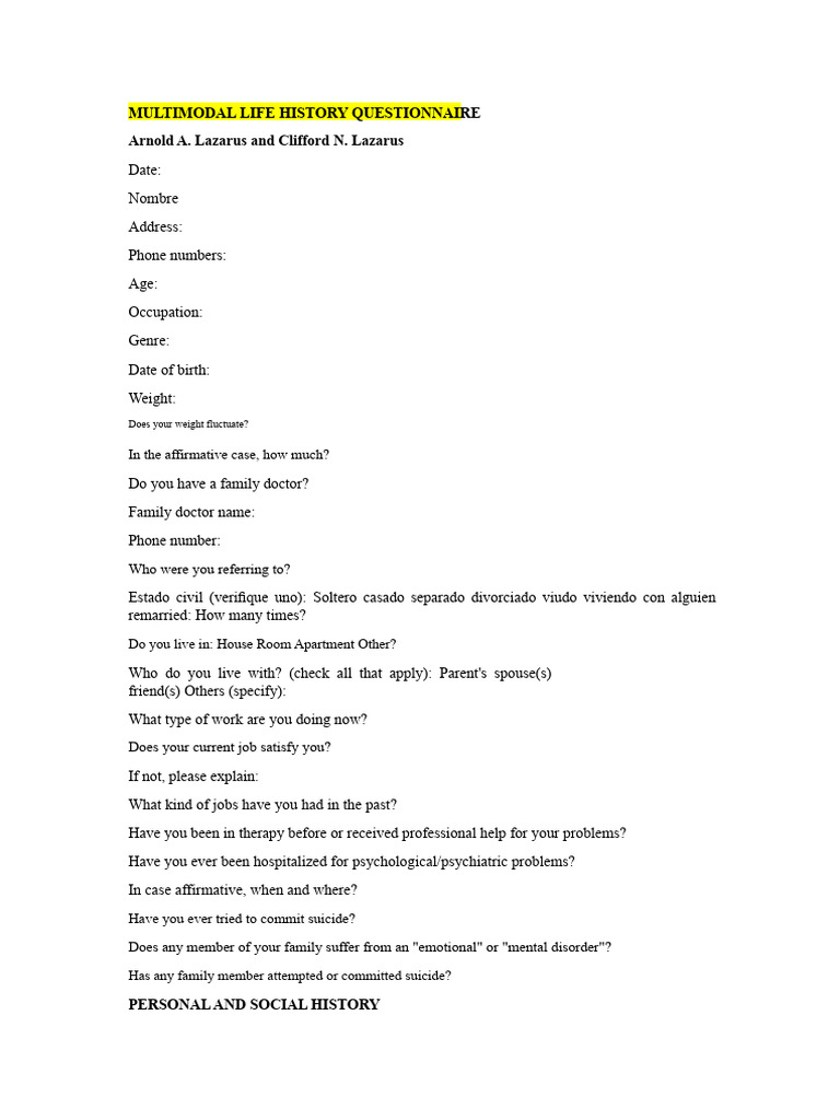 Multimodal Life History Questionnaire | PDF | Sexual Abuse | Pain