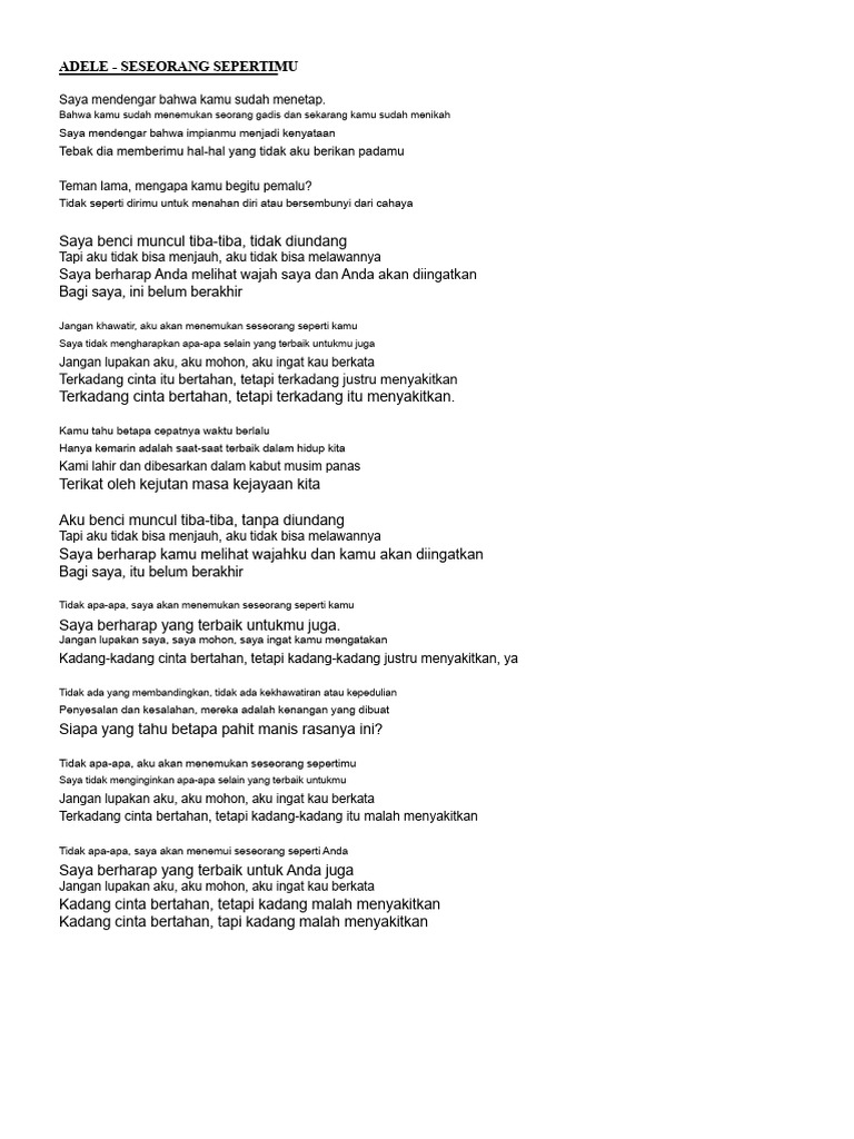Lirik Lagu "Someone Like You" Adele | PDF