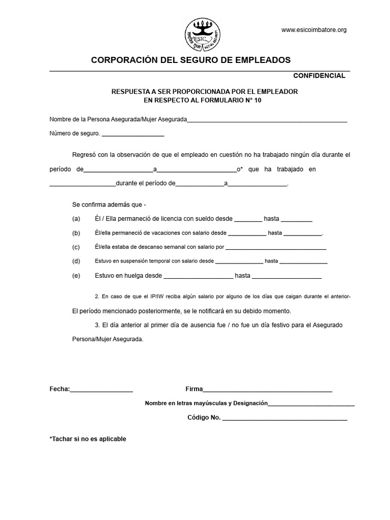 Respuesta del Empleador al Formulario N° 10 | PDF