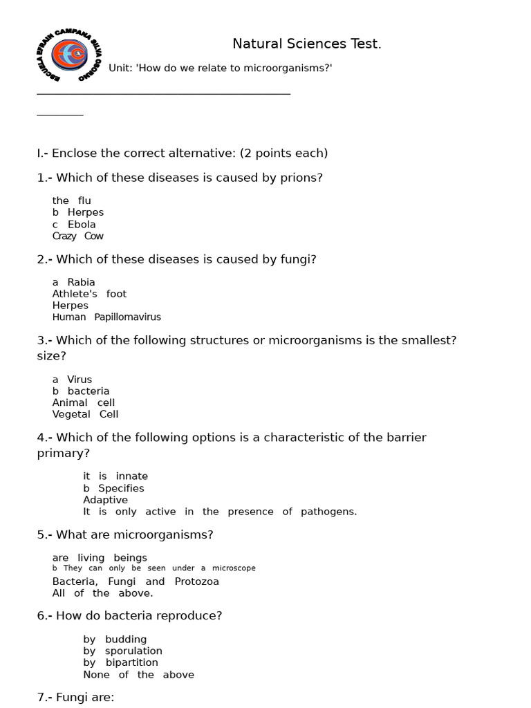 Natural Sciences Test 7 Unit 2 | PDF | Virus | Microorganism