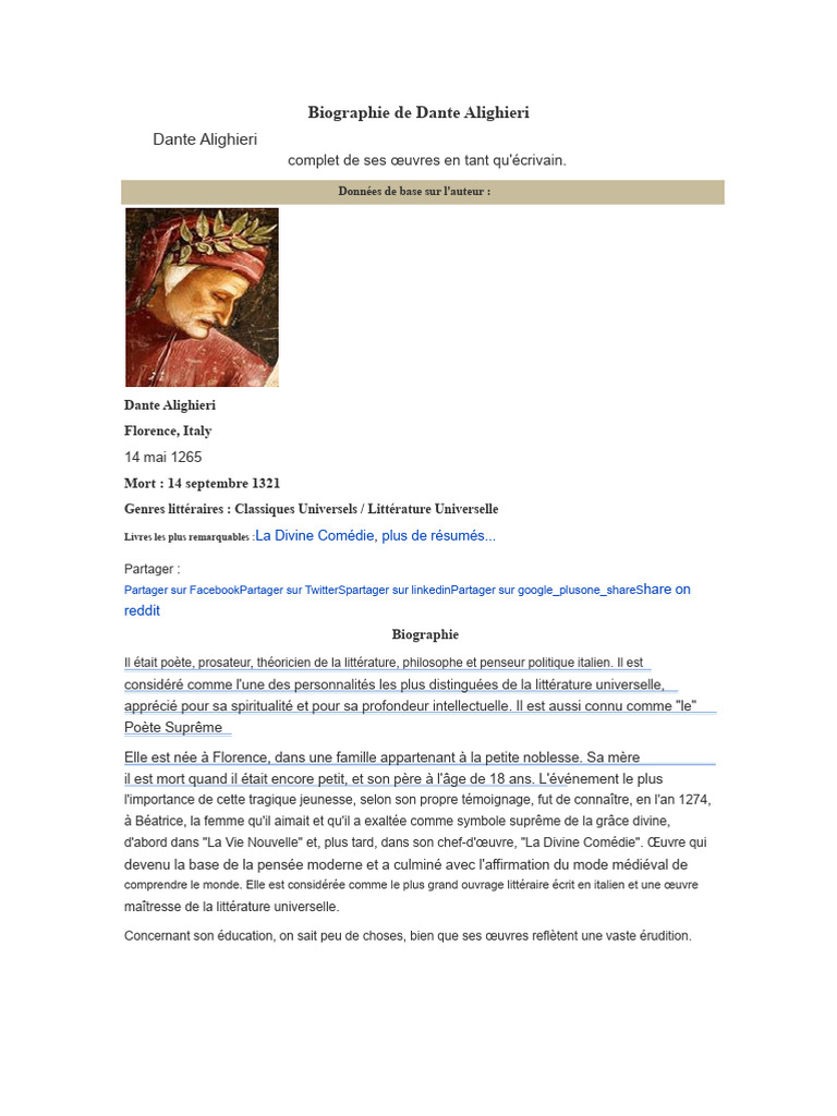 Biographie de Dante Alighieri, Poète Suprême | PDF | Dante Alighieri ...