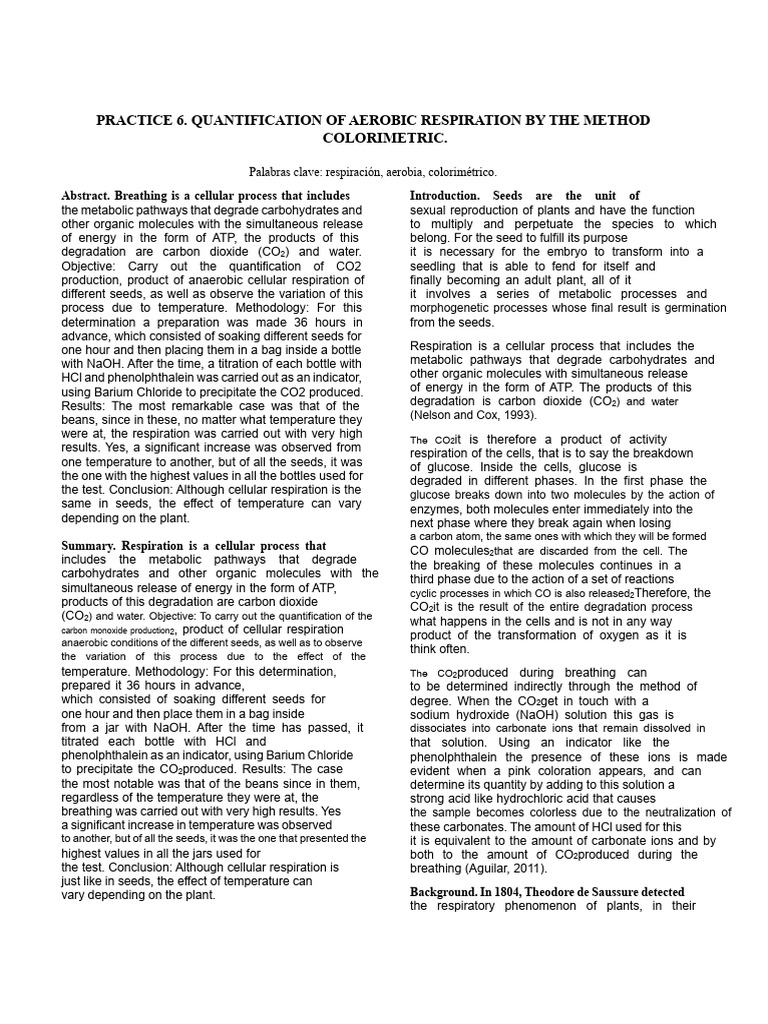 Quantification of Aerobic Respiration by The Colorimetric Method. | PDF ...