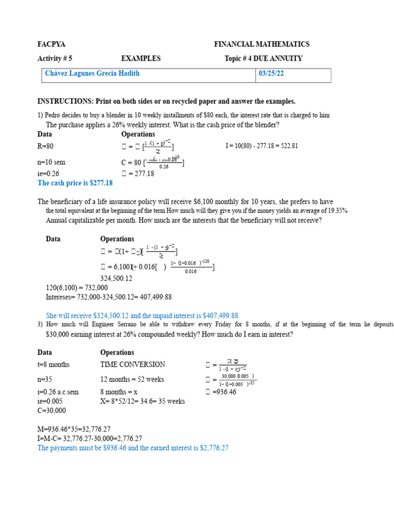 Due Annuity Financial Mathematics Examples | PDF | Interest | Present Value