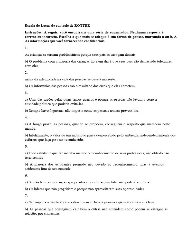 Escala de Locus de Controle de Rotter | PDF | Sorte | Liderança