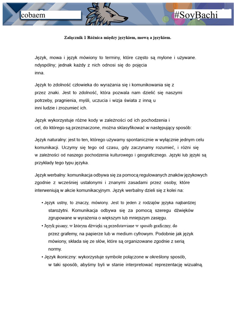 Załącznik 1 Różnica Między Językiem, Mową A Dialektem | PDF