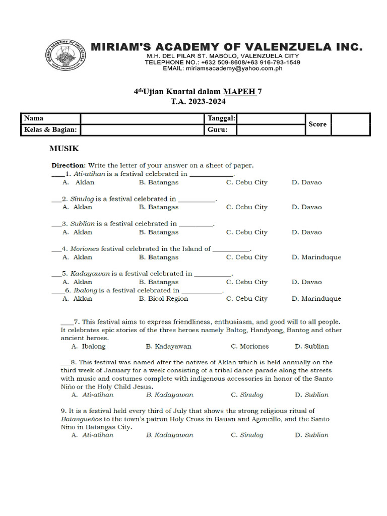 Ujian Kuartal MAPEH Kelas 7 T.A. 2023-2024 | PDF