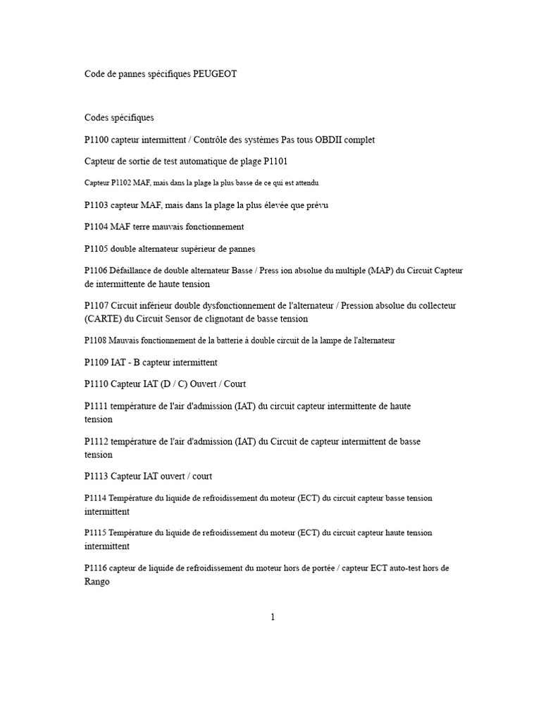 Codes de Pannes Spécifiques PEUGEOT | PDF | Allumage | Injection (moteur)