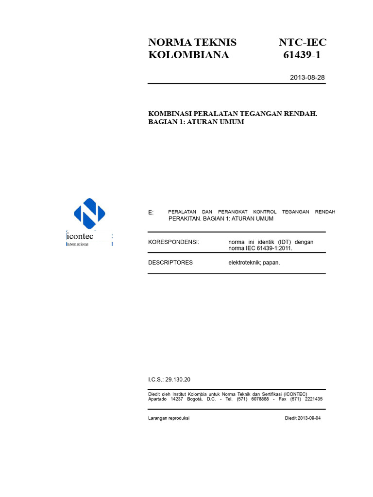 Norma Teknik Kolombia NTC-IEC 61439-1 | PDF
