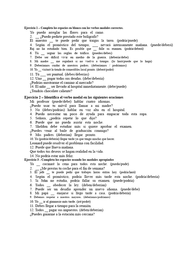 Ejercicios de Verbos Modales en Español | PDF