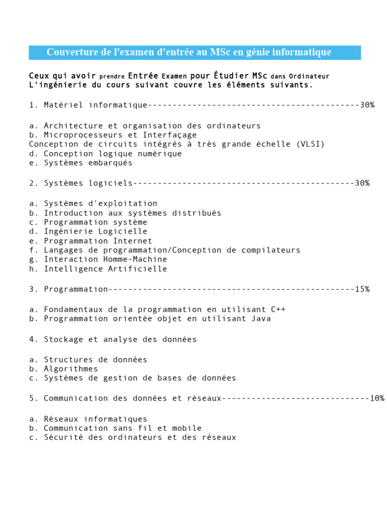 Examen d'entrée MSc en génie informatique | PDF