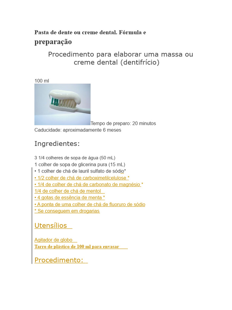 Fórmula para Elaborar Pasta Ou Creme Dental | PDF