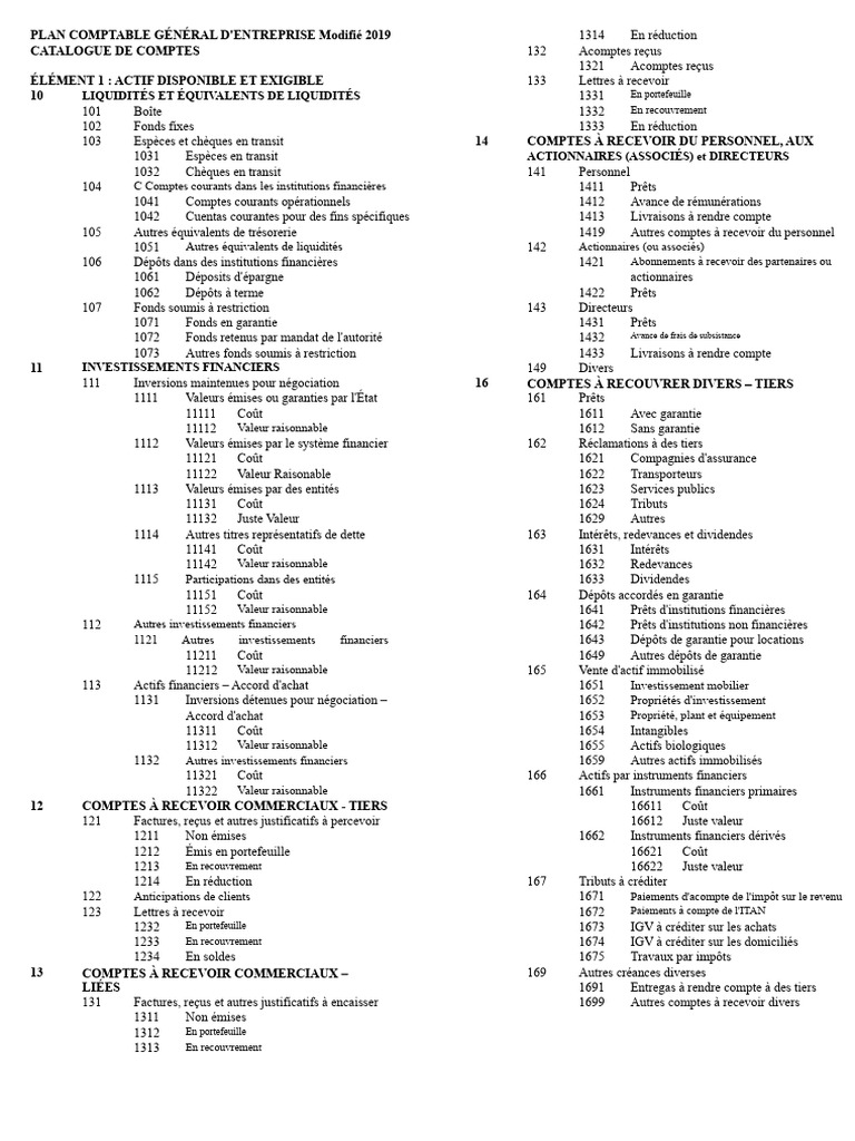 Catalogue des Comptes du Plan Comptable 2019 | PDF | Comptabilité ...