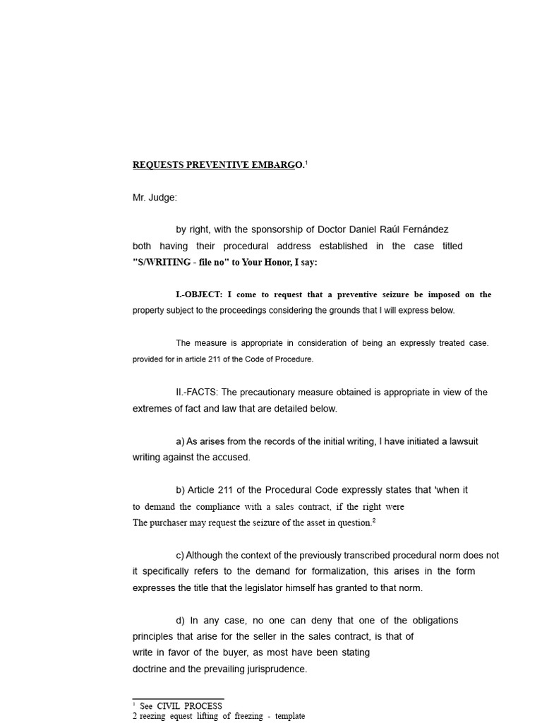 REQUEST FOR PREVENTIVE EMBARGO - Model 2 - in The Writing Trial | PDF ...