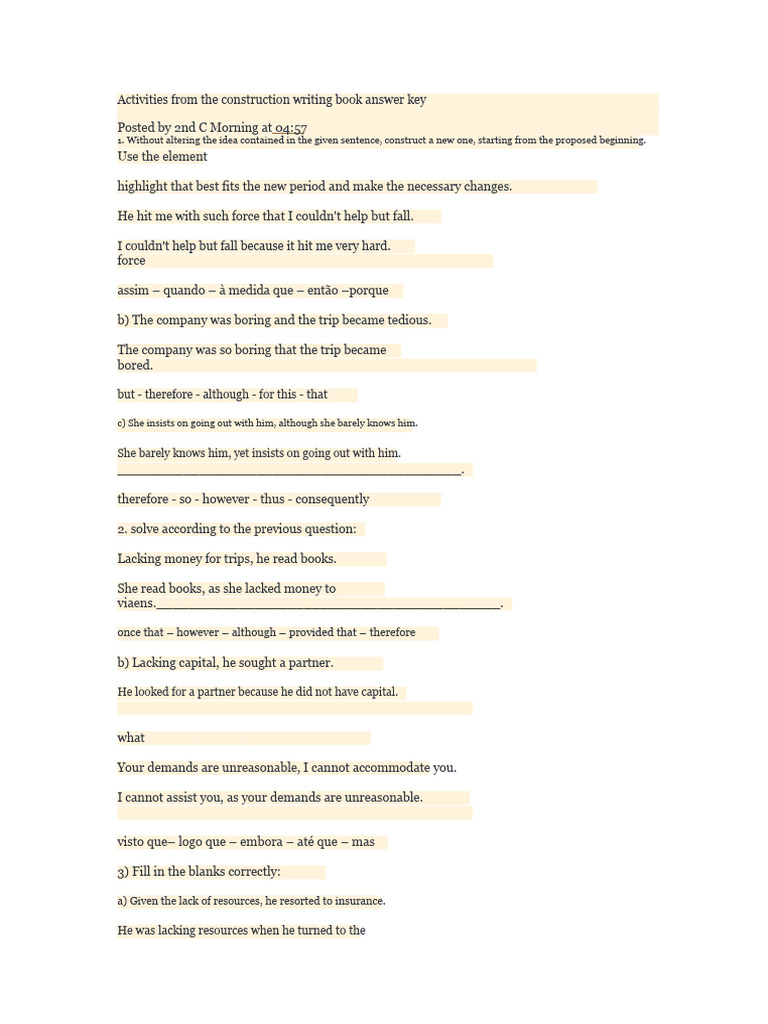 Activities From The Construction Writing Book Answer Key | PDF