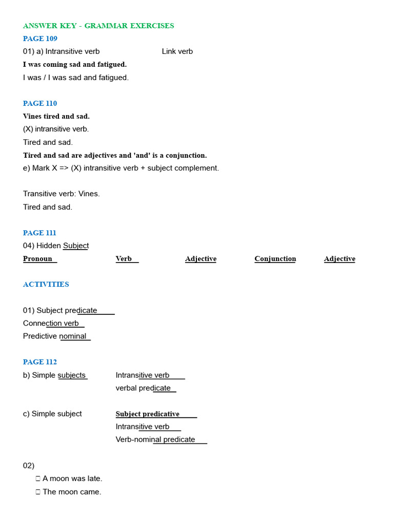 Grammar Exercises Answer Key | PDF | Verb | Subject (Grammar)