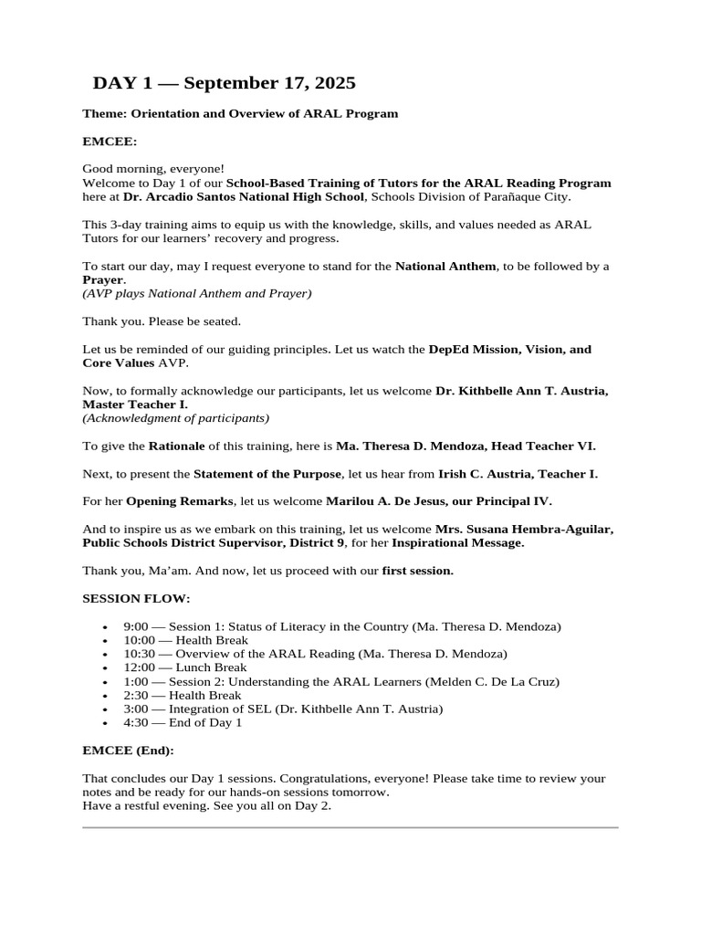 Emcee Script for ARAL Training Program | PDF | Learning