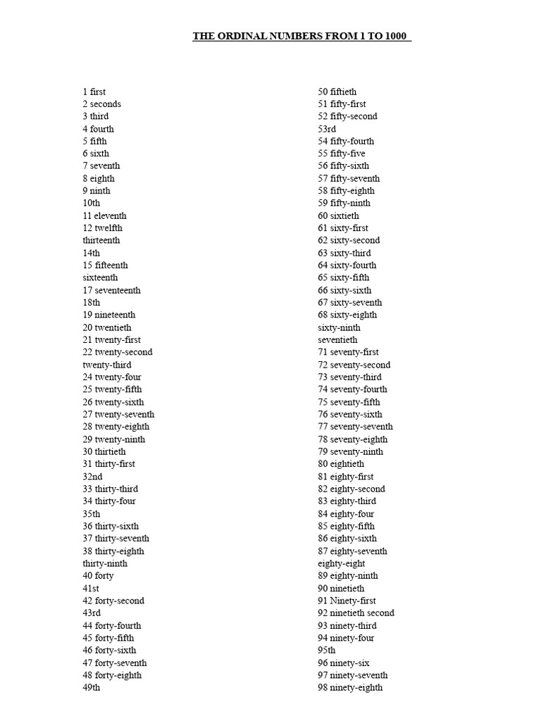 Ordinal Numbers 1-1000 List | PDF | States Of The East Coast Of The ...