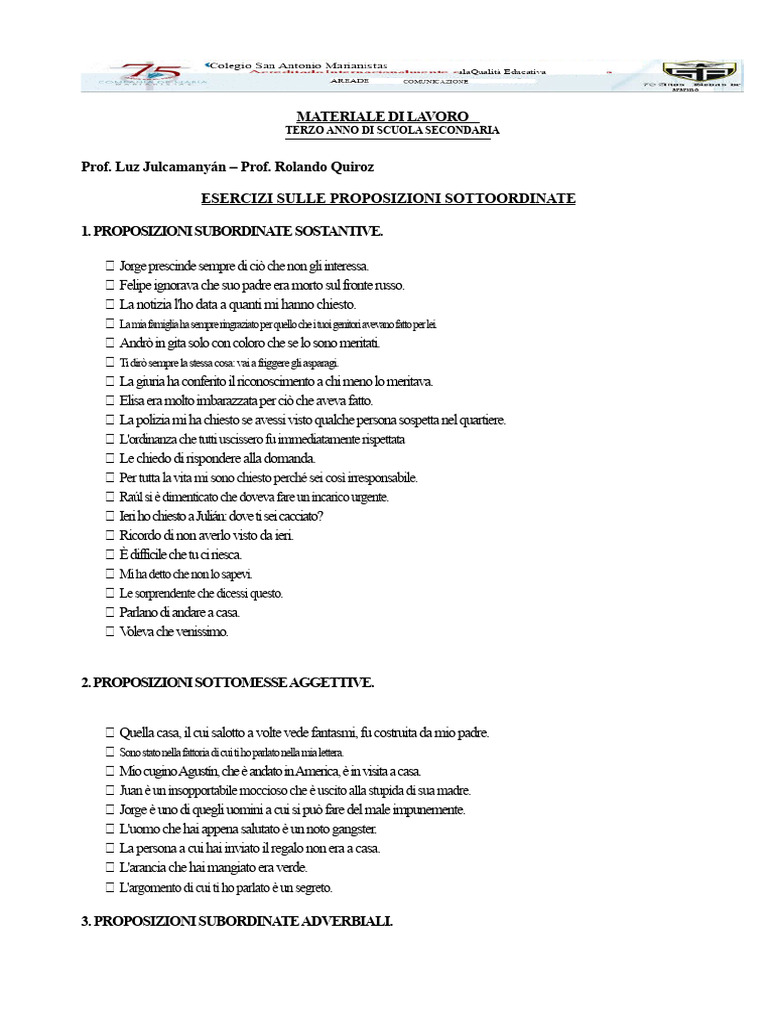 Frasi Subordinate - Esercizi | PDF