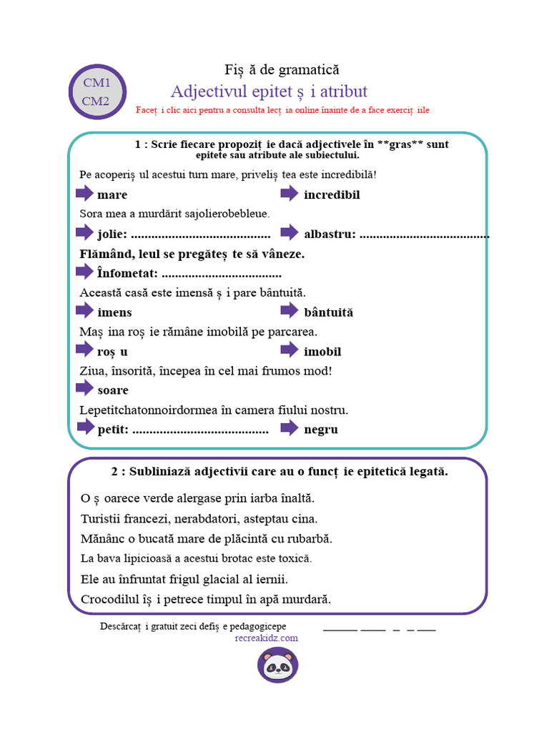 Adjectiv Epitet Adjectiv Attribut Ce1 Ce2 cm1 cm2 | PDF