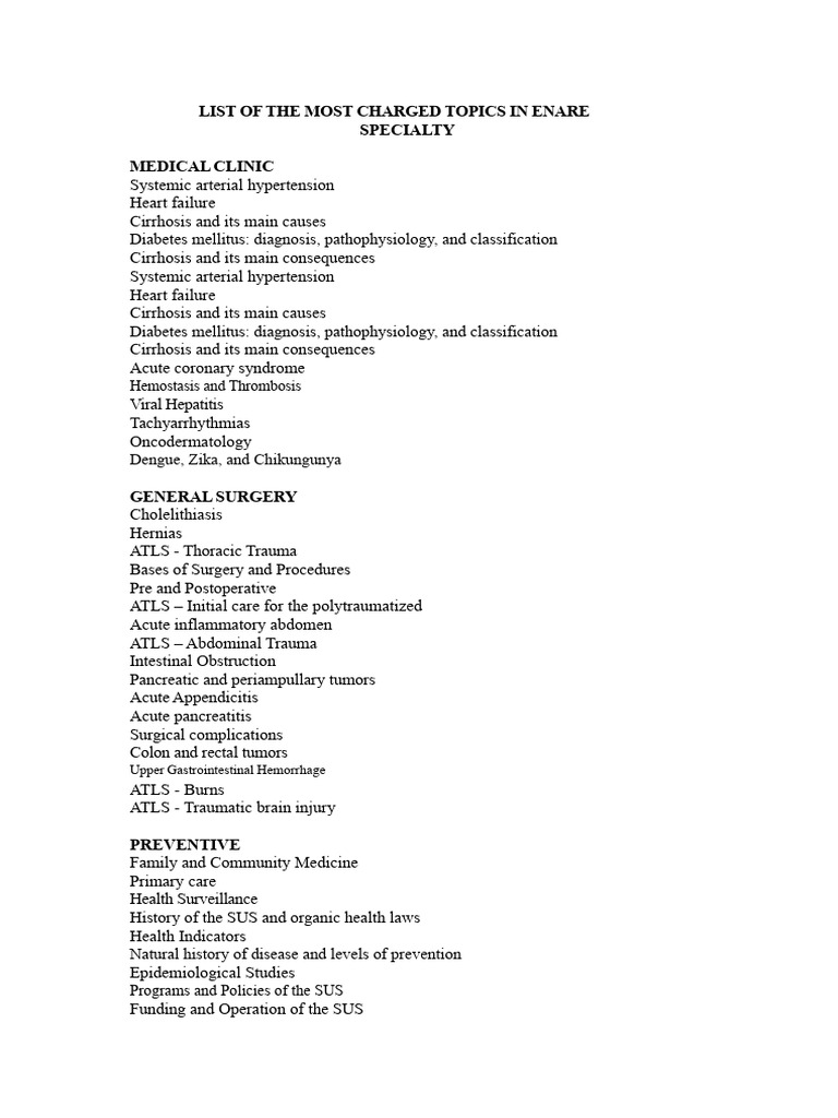 List of The Most Commonly Charged Topics in Enare by Specialization | PDF
