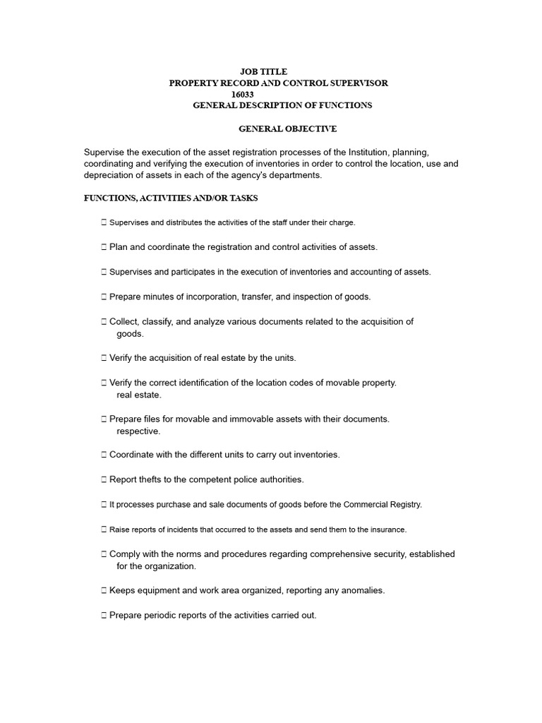 Asset Control Supervisor Job Description | PDF | Property | Inventory