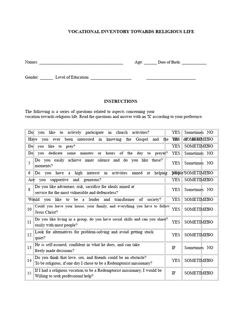 Vocational Test Towards Religious Life | PDF | Prayer