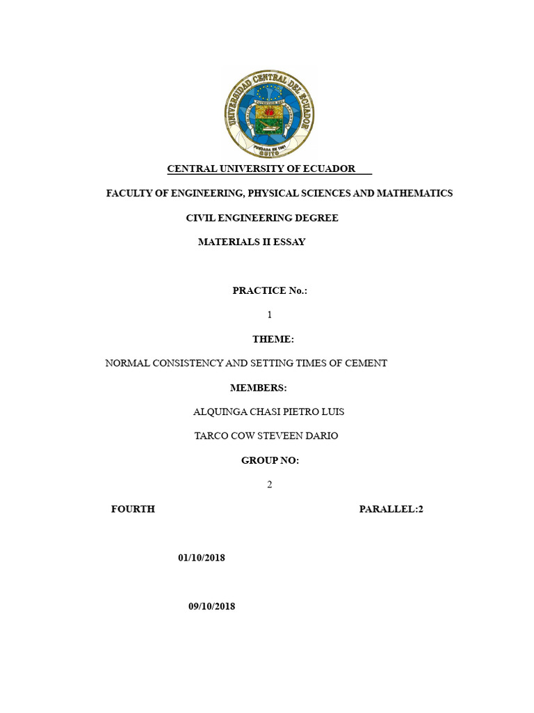 Cement Normal Consistency & Setting Times | PDF | Cement | Materials