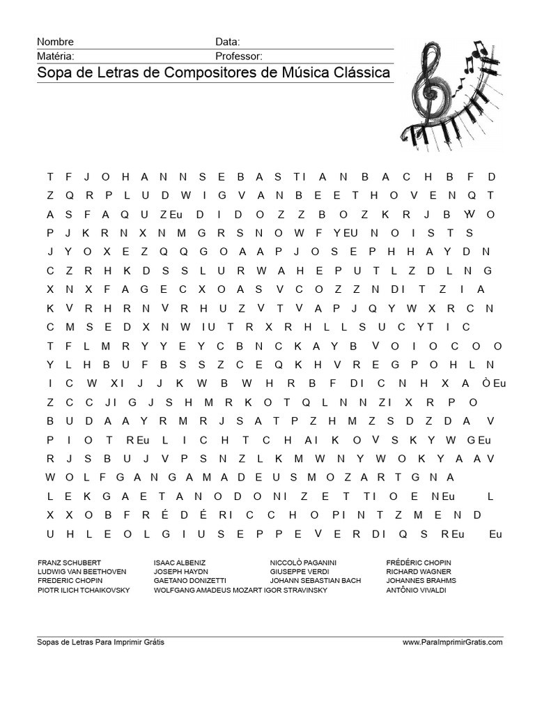 Sopa de Letras: Compositores Clássicos | PDF | Piano | Música clássica