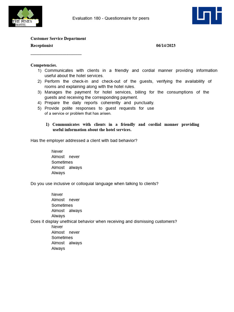Peer Evaluation Questionnaire for Receptionists | PDF | Psychological ...