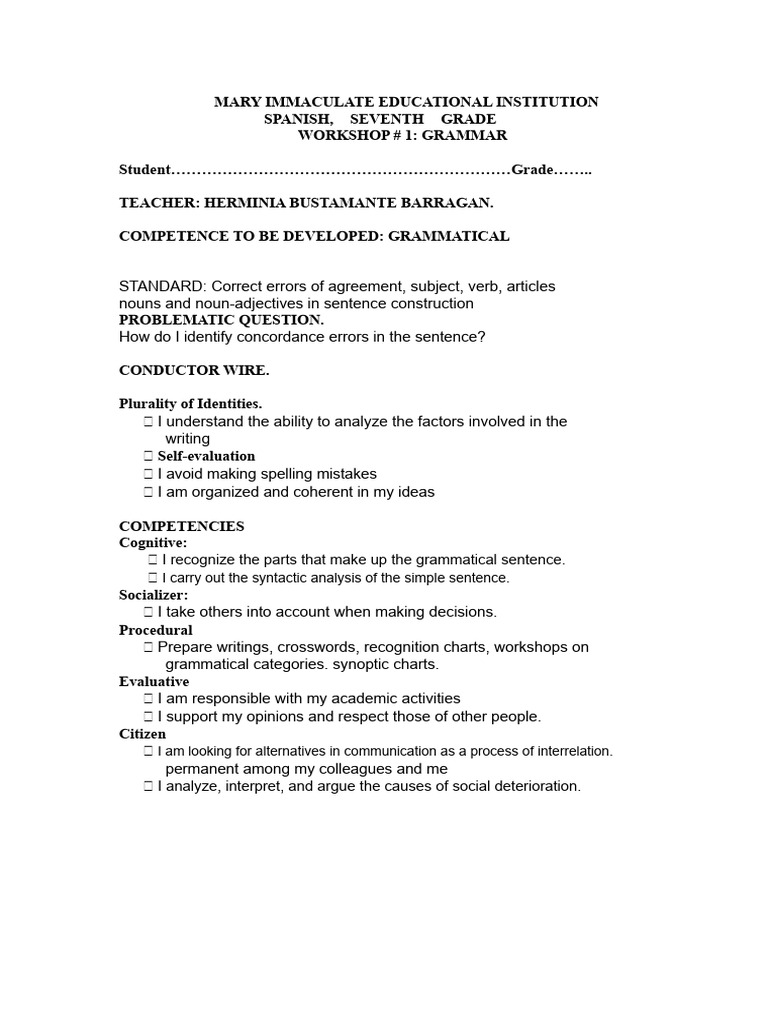 Workshop #1 Grammar Grade Seventh | PDF | Grammatical Number ...