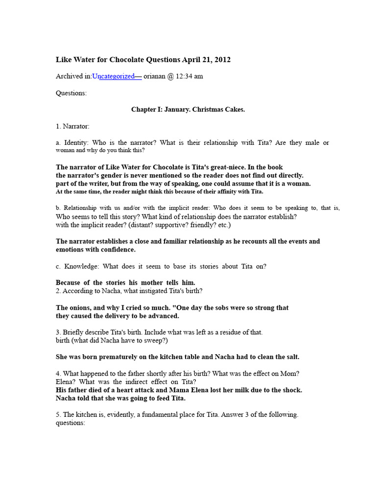 Questions From The Book Like Water For Chocolate PDF