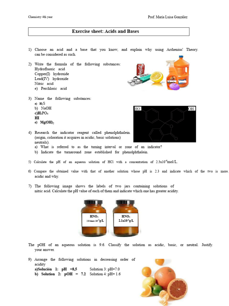 Acids and Bases Exercise Sheet | PDF