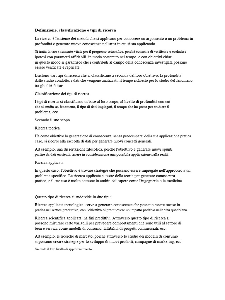 Definizione Classificazione e Tipi Di Ricerca | PDF
