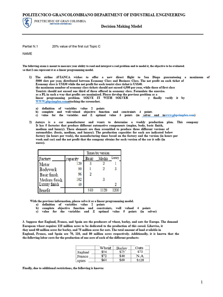 Partial 2 Decision-Making Model 4 | PDF | Linear Programming | Applied ...