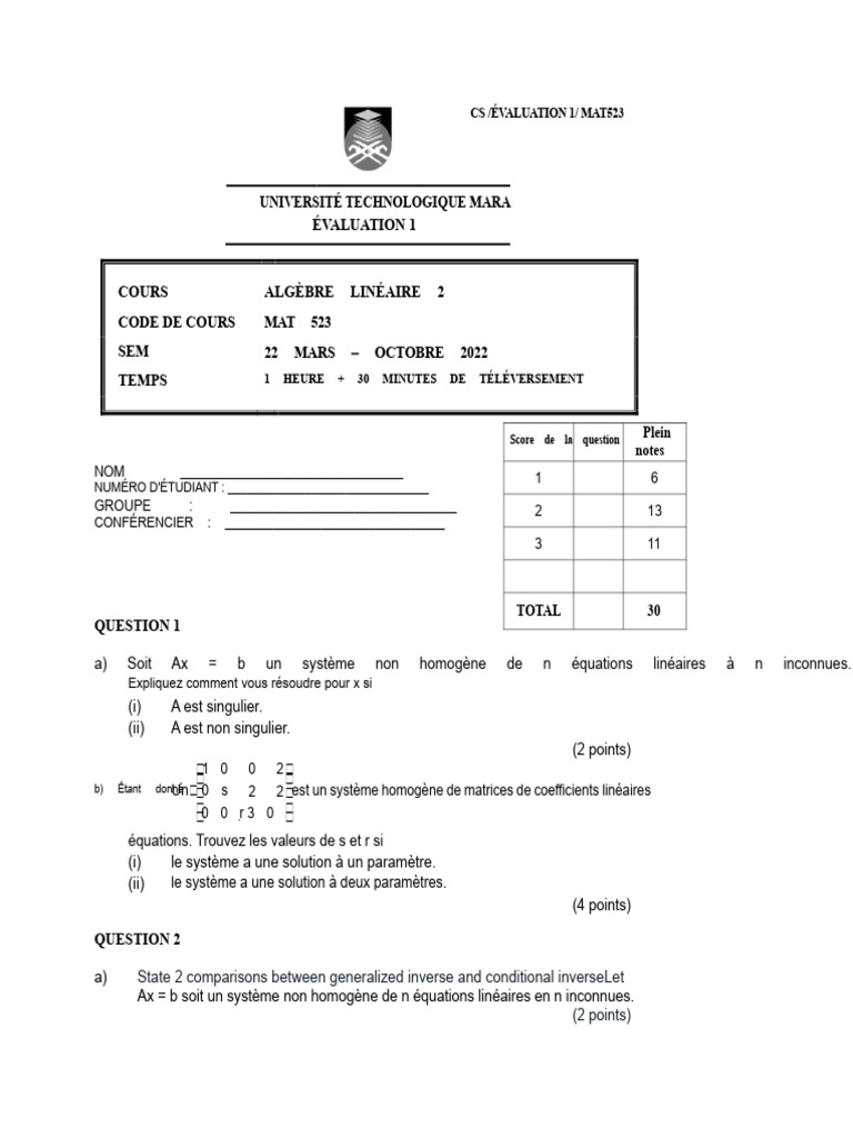 Évaluation d'Algèbre Linéaire MAT523 | PDF | Équations | Méthode des ...