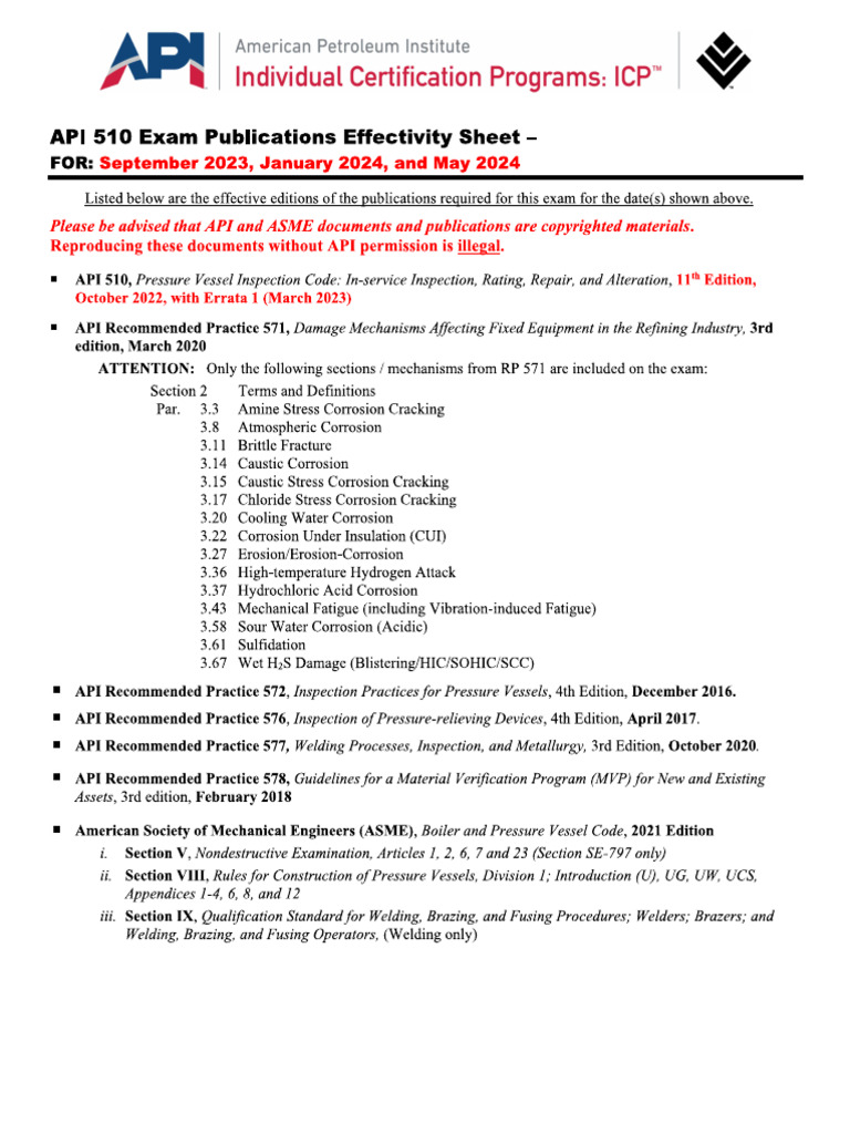 API 510 Exam Publications Effectivity Sheet | PDF