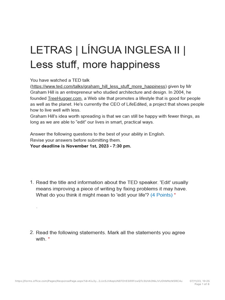 LETRAS - LÍNGUA INGLESA II - Less Stuff, More Happiness | PDF