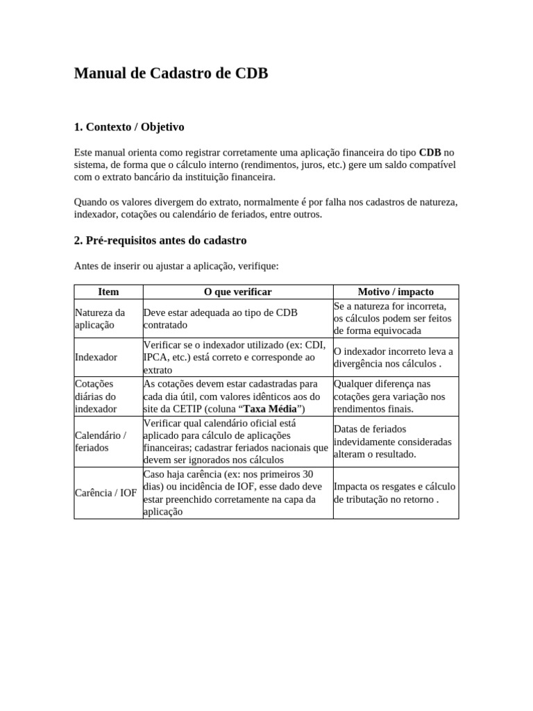 Cadastro de CDB: Guia Prático | PDF | Comprovante de depósito