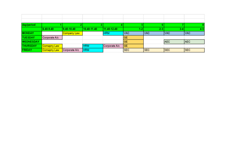 Weekly Class Schedule Overview | PDF
