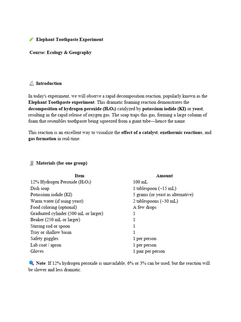 Elephant Toothpaste Experiment Guide | PDF | Hydrogen Peroxide | Chemistry