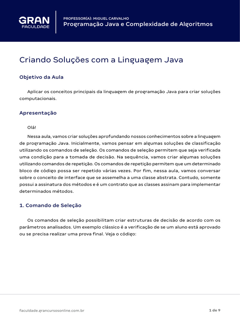 Programação Java: Seleção e Repetição | PDF | Classe (programação de ...