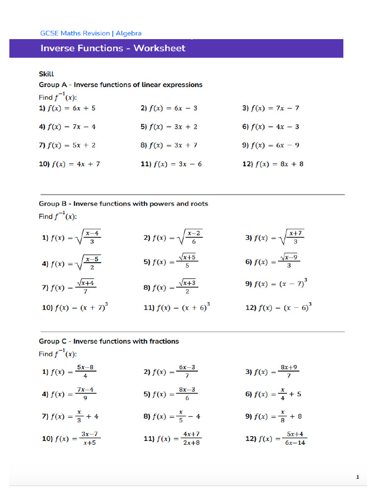 Inverse Functions - Gcse Worksheet | PDF