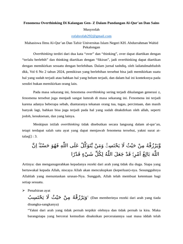 Overthinking Gen Z: Panduan Al-Qur'an | PDF