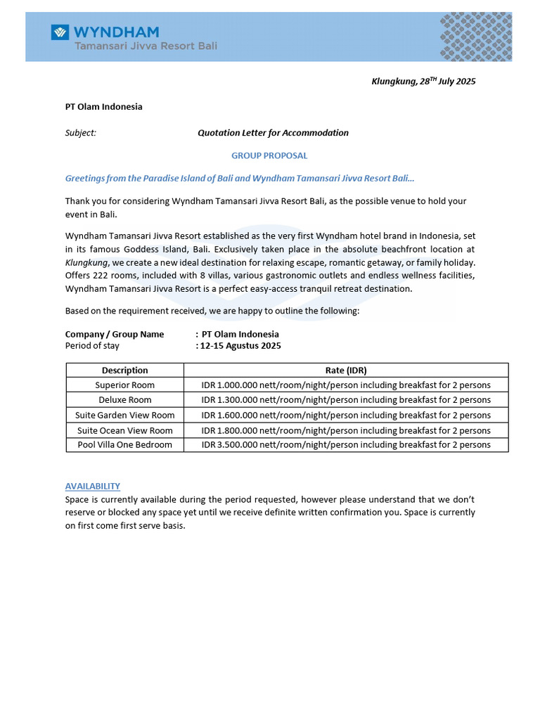 Olam Indonesia Group Accommodation Quote | PDF | Drink | Meal